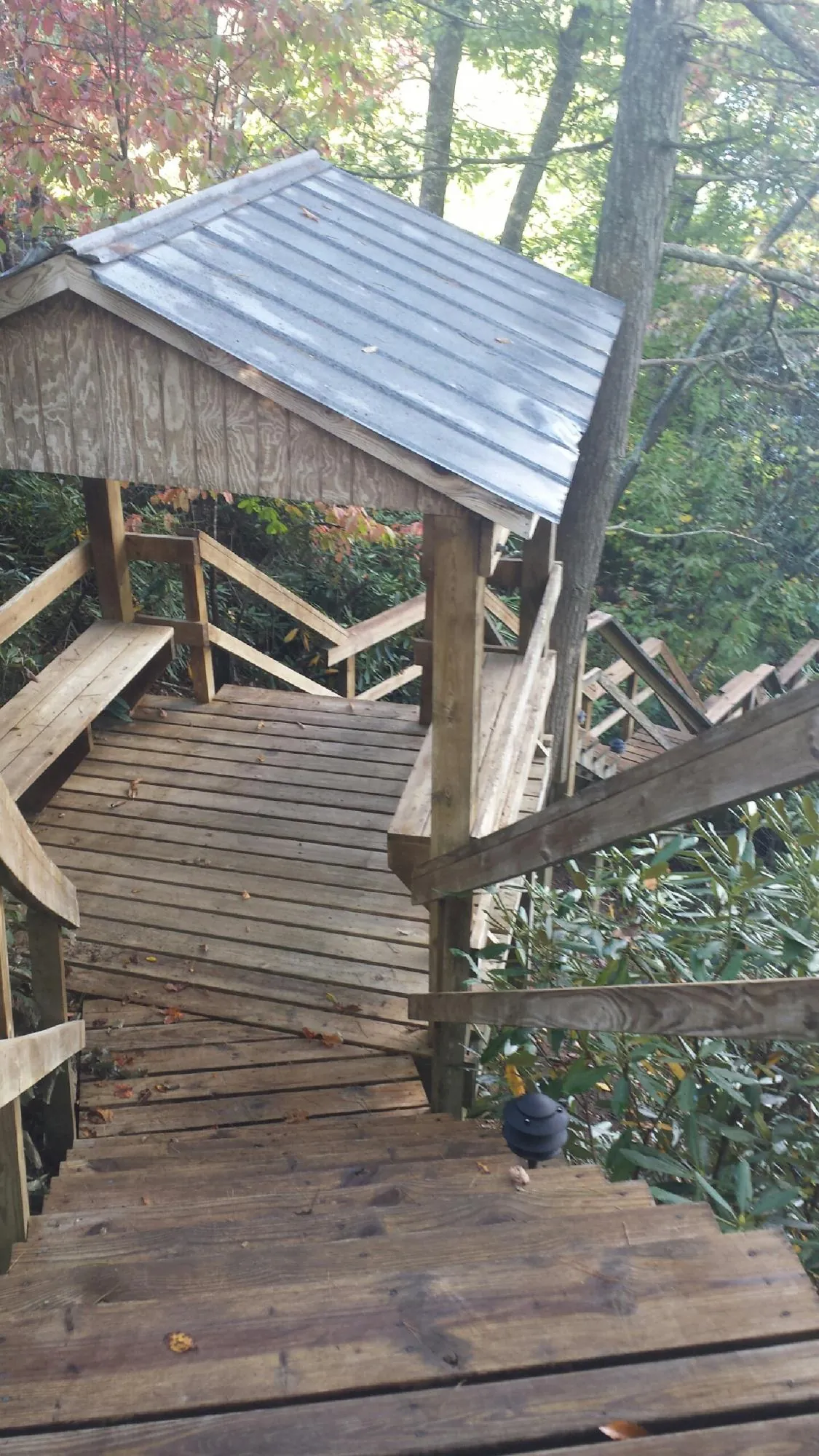 Metal roofed shelter over wooden steps on a wooded walkway — Skylight Repair & Installation work by our crew in Allenspark